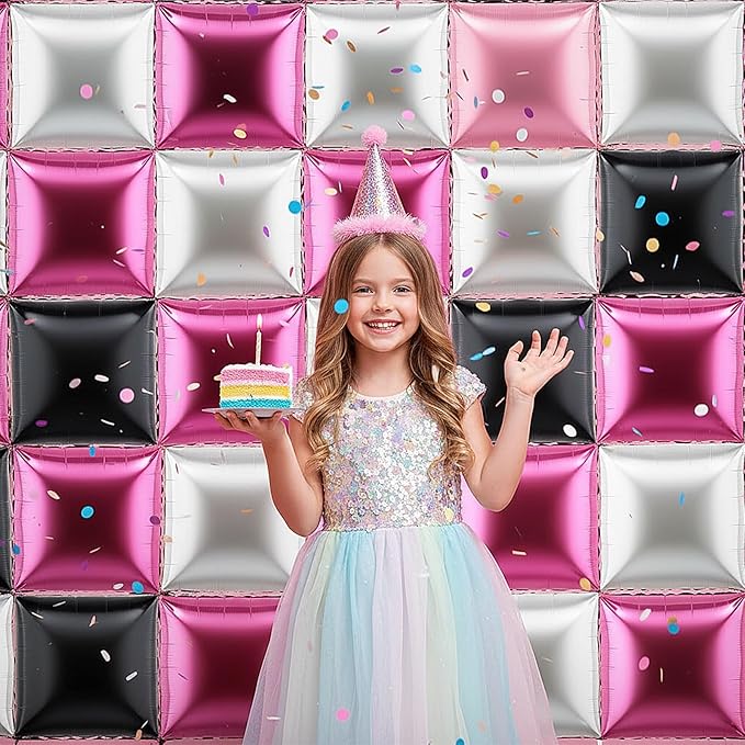 36 Pcs Black Pink Decorations Balloons Brick Square Foil Balloon Wall Backdrop Arch Kit Double Sided Metallic for Cartoon Video Game Birthday Party Supplies (Black Pink Silver)