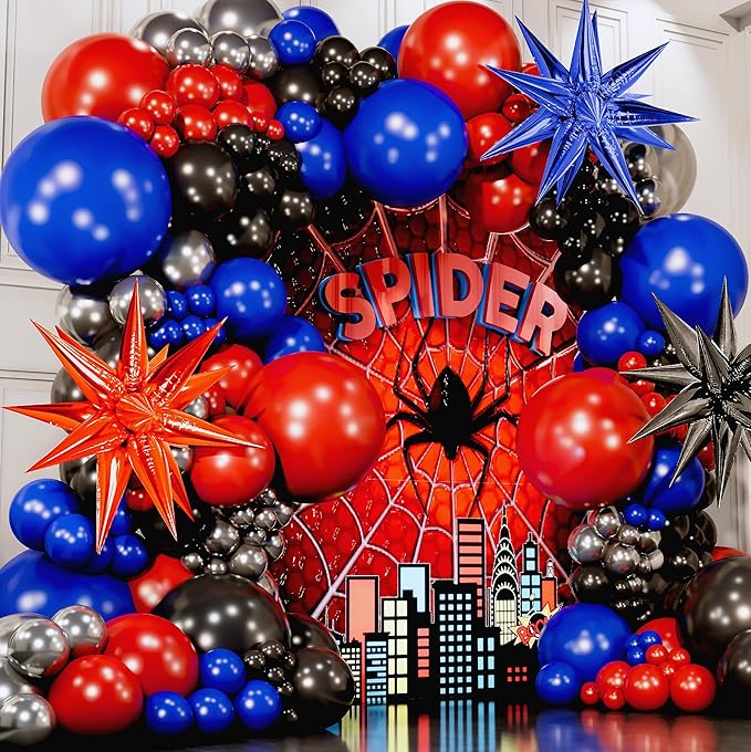 ALL-IN-1 Spider Balloon Arch Kit with BONUS Starburst for Spidy Birthday Decorations - Red Blue Spider Balloons for Spidy Man Party Decorations - Miles Birthday Decoration, Spidey Balloons