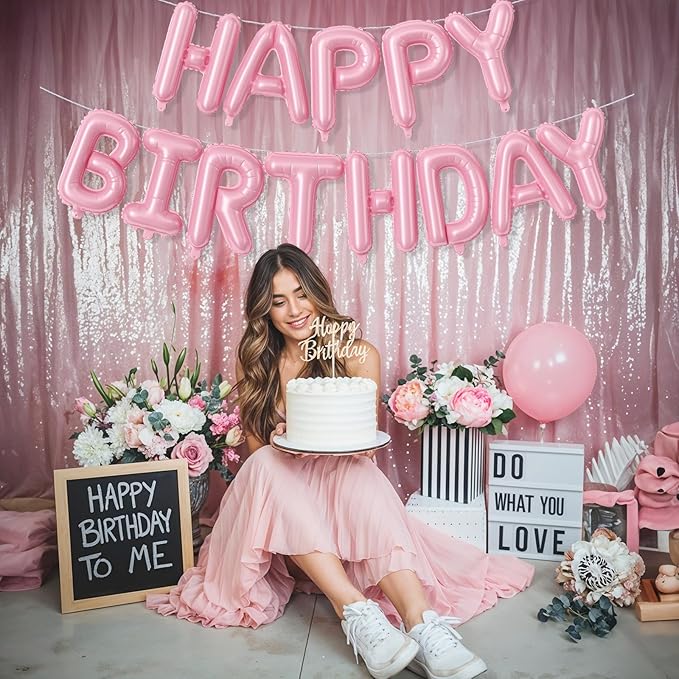 Pink Happy Birthday Balloon Banner, 16 Inch Pastel Pearl Baby Pink Self Inflating Happy Birthday Mylar Foil Balloon, Birthday Bunting Banner Letter Balloons for Girls Women Birthday Party Decorations