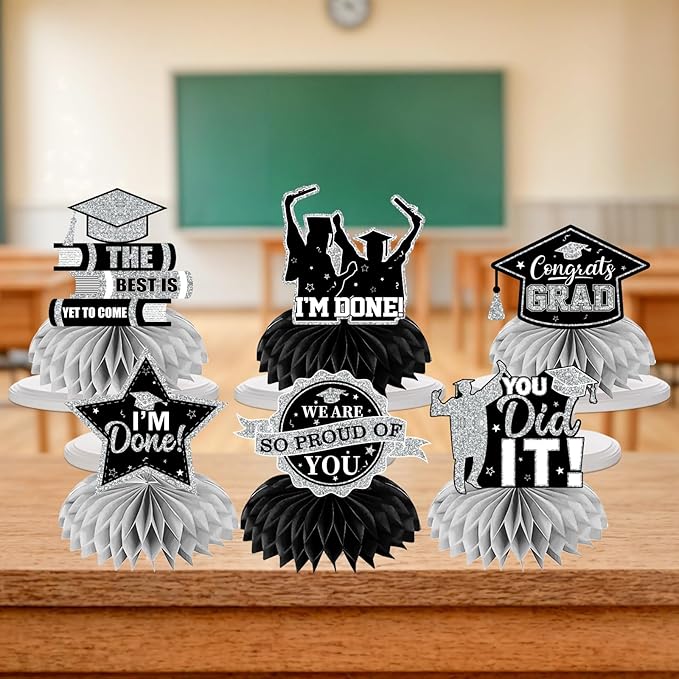 12pcs Graduation Table Decorations,Black Silver Graduation Decorations 2026 Graduation Centerpieces for Tables,Class of 2026 Centerpieces Honeycomb for Congrats Grad Table Decor(Black)