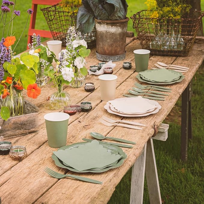 Qinyoung 388 Pcs Sage Green and Beige Plates and Napkins Party Supplies Tableware Include Disposable Scalloped Plate Paper Napkin Cup Plastic Cutlery for Baby Shower Party Wedding Birthday, 48 Sets