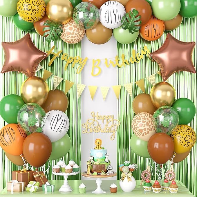 Jungle Safari Birthday Decorations for Boys, Green Brown Animal Print Latex Balloons with Happy Birthday Banner Cake Topper Fringe Curtain Palm Leaves for Kids Woodland Themed Party Decor