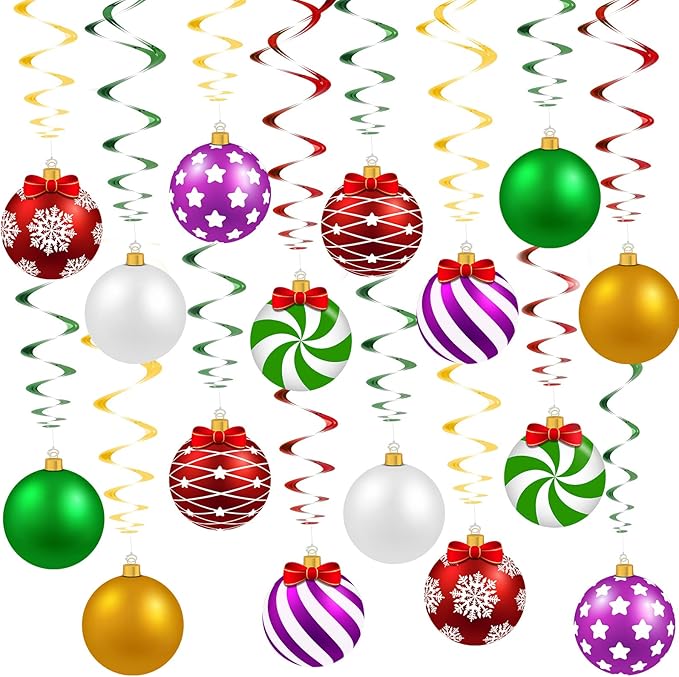 Skylety 36 Pcs Christmas Hanging Foil Swirl Decorations Party Ceiling Foil Swirl Decorations Christmas Ball Sign Snowflake for Ceiling Indoor Outdoor Holiday Party Supplies(Cute Style)