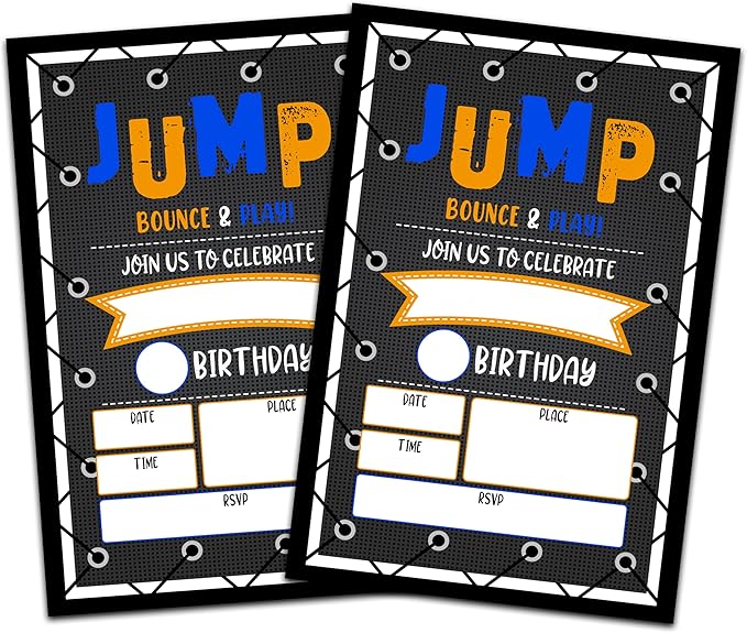 CLIRBE Trampoline Jump Birthday Party Invitations, Birthday Invitations For Boys, Kids Boy Birthday Invitation, 20 Invitations with 20 Envelopes - E01