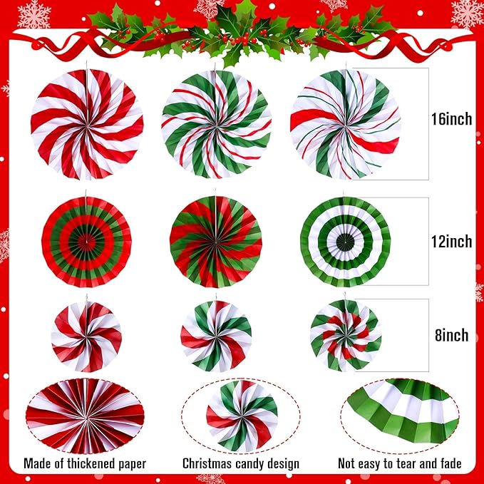 Outus 25 Pcs Christmas Party Decorations Supplies Merry Christmas Party Banner Green Red White Xmas Paper Fans Flower Pom Poms Hanging Swirls Pennant Circle Dots Garland for Xmas Birthday Decor