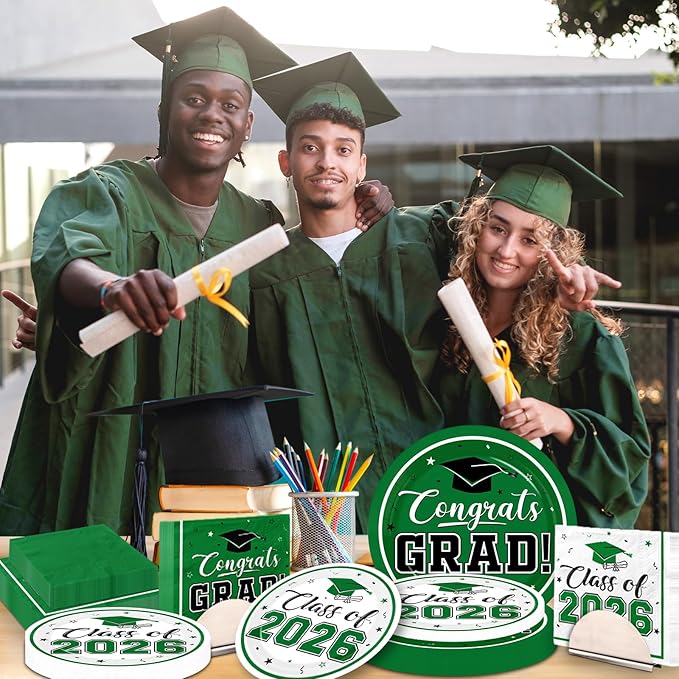 Graduation Party Plates and Napkins Green Class of 2026 Grad Congrats Party Supplies Disposable Dessert Paper Plates Cocktail Napkins forGraduation Party Decorations,Serve 50