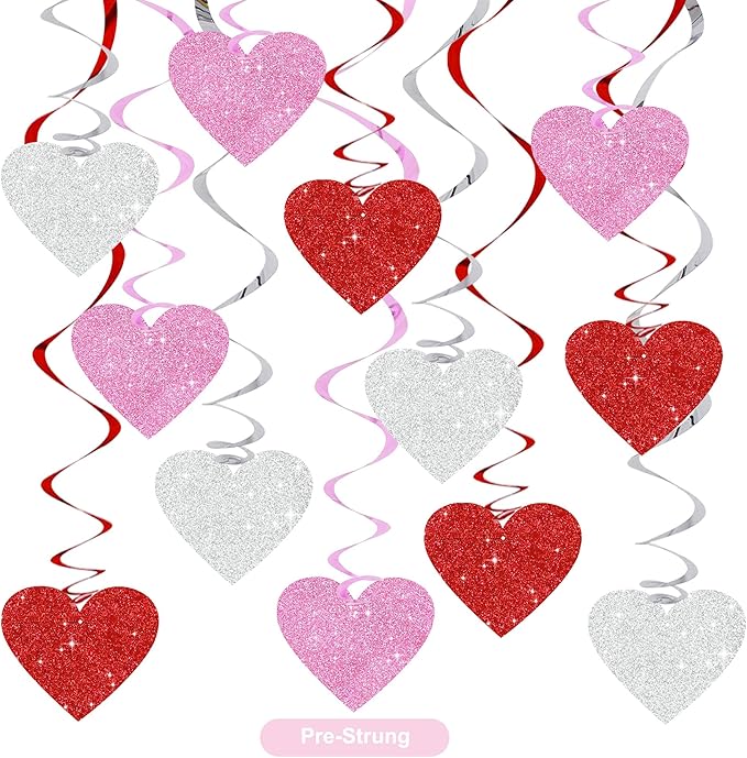 BEISHIDA Happy Valentine's Day Pre-Strung Hanging Swirls Valentine's Decorations Red Pink Silver Glitter Heart Hanging Decorations for Mother's Day Wedding Anniversary Proposal Party Supplies 15Pcs