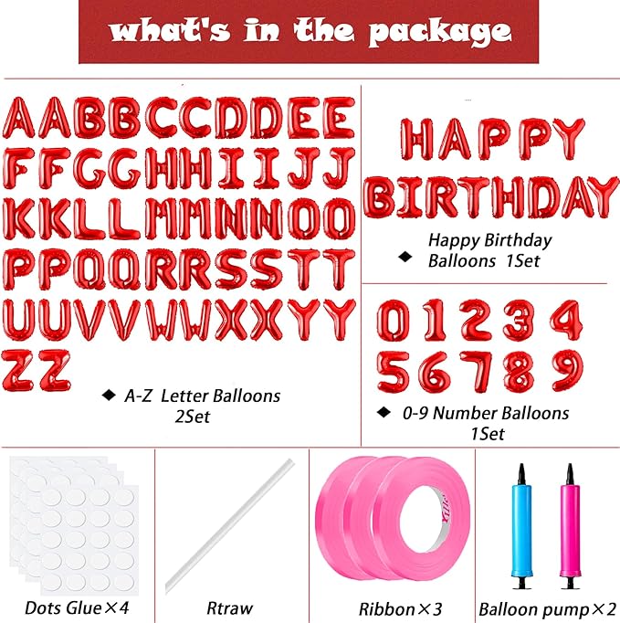 Happy Birthday Balloon Banner Custom Phrase Balloons letter 16 inch Personalized Alphabet Letters Foil Mylar Balloons (Red)