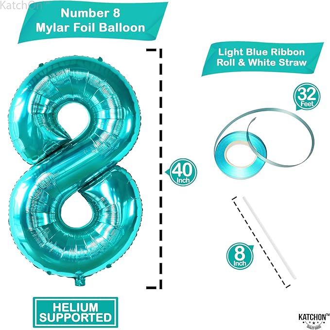 KatchOn, Giant Blue Teal Number 8 Balloons - 40 Inch || Aqua Teal Number Balloons for Happy 8th Birthday Decorations for Girls & Boys | Balloon For 8 Happy Anniversary Decorations