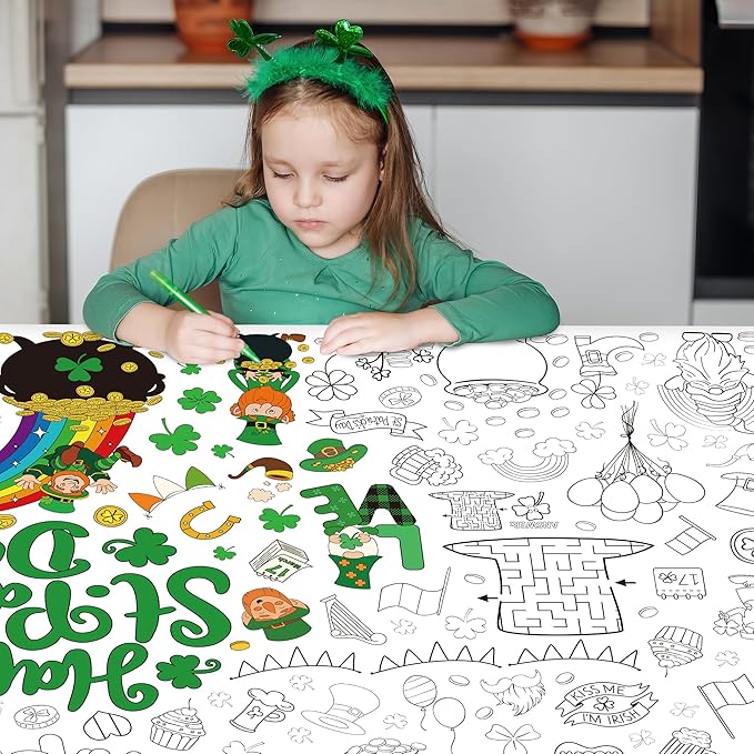 QZYL 54" x 108" Coloring St Patricks Day Crafts, Giant Coloring Table Cloth for Kids, Painting Poster Art Activities Banner Disposable St Patrick's Day Crafts for Home Classroom St Paddys Decorations
