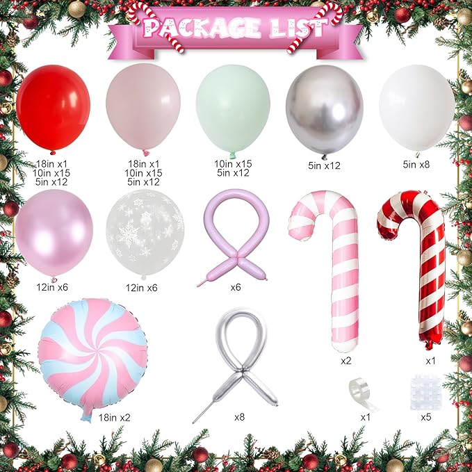 Pastel Pink Christmas Balloon Garland Arch Kit, Red Pink Green Snowflake Balloons Candy Cane Peppermint Foil Balloons for Christmas Birthday Baby Shower Decorations Xmas Candyland Nutcracker Party