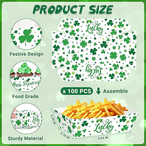 100 Pcs St. Patricks Day Paper Food Trays, Disposable Shamrock Food Trays, Green Snack Serving Plates, Irish St. Patricks Day Decorations Food Boats Irish Party Favors for Green Shamrock Celebration
