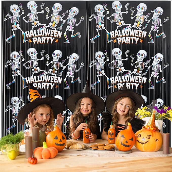 GOER Foil Curtain Backdrop for Halloween Party Decorations| Metallic Tinsel Halloween Theme Photo Booth Props (2 Pcs)