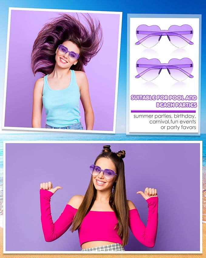 Frienda 8 Pairs Heart Shaped Sunglasses for Women Rimless Heart Glasses Candy Color Sunglasses for Party Favor