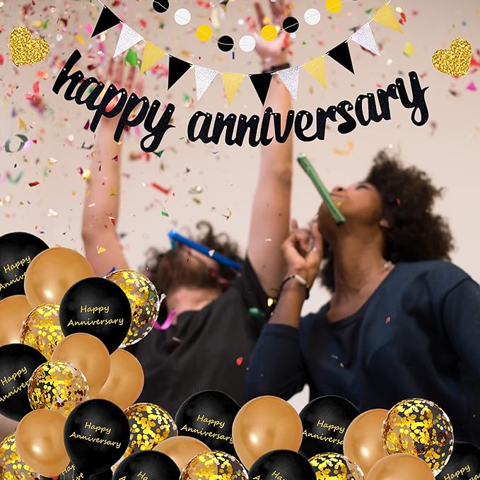 Happy Anniversary Decorations, Glitter Gold Black Happy Wedding Decorations Sets with Banner, Cake Topper, Glitter Hanging and Balloons for All Ages' Anniversary Party Decorations