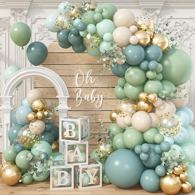 122Pcs Dusty Blue Sage Green Balloon Garland Kit, Pastel Olive Green Slate Blue Beige Metallic Gold Confetti Balloon Arch Kit for Women Men Boho Birthday Wedding Baby Shower Party Decorations