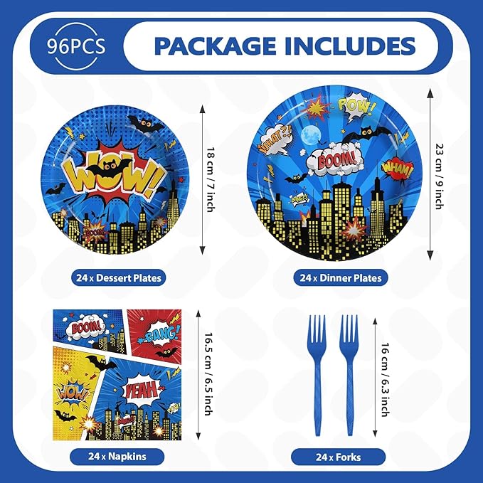 Grencian 96Pcs Super Theme Hero Birthday Party Decoration Hero's Action Sign Cityscape Plates and Napkins Blue Comic Hero Tableware Sets for Boys Baby Shower Cartoon Spider Party Favors Serve 24
