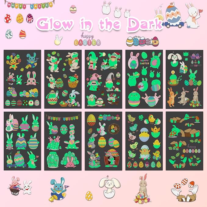 100 Pcs Easter Luminous Temporary Tattoos for Kids Easter Party Favors Supplies Easter Basket Stuffers
