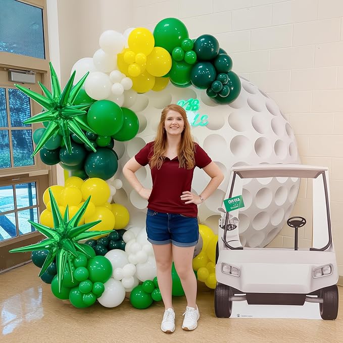 Green Yellow White Balloon Arch Garland Kit, Golf Hole In One Birthday Decorations with Foil Star Balloons for Golf First Birthday Lets Par-tee Sports Themed Party Retirement Decorations Supplies