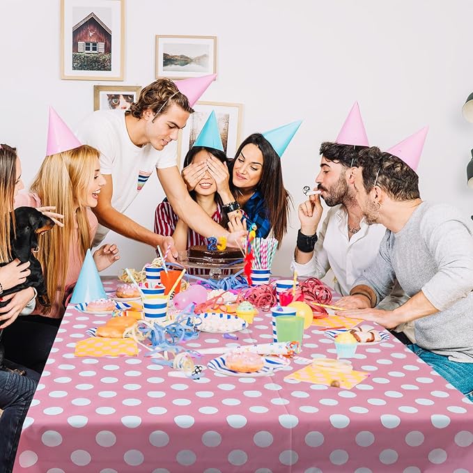 2 Pieces Pink Polka Dot Rectangle Tablecloth - 54x72“ Decorative & Stain Resistant Table Cloth with Polka Dot Pattern, Table Cover for Dining Table, Buffet, Wedding, Camping, Party & Wedding