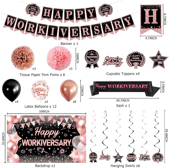 DARUNAXY Happy Workiversary Party Decorations for Women, Rose Gold Happy Work Anniversary Banner Cake Topper Hanging Swirl Confetti Balloons Decor Set for Pink Employee Office Party Supplies for Girls