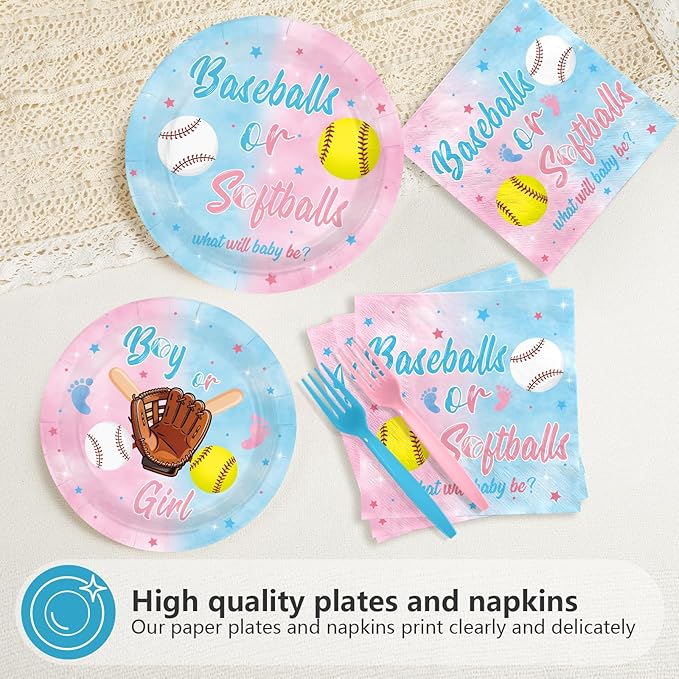 96Pcs Baseball or Softball Party Decoration Baseball Gender Reveal Plates and Napkins Pink Blue Sports Theme Disposable Tableware Set for He or She Baby Shower Party Supplies Serves 24