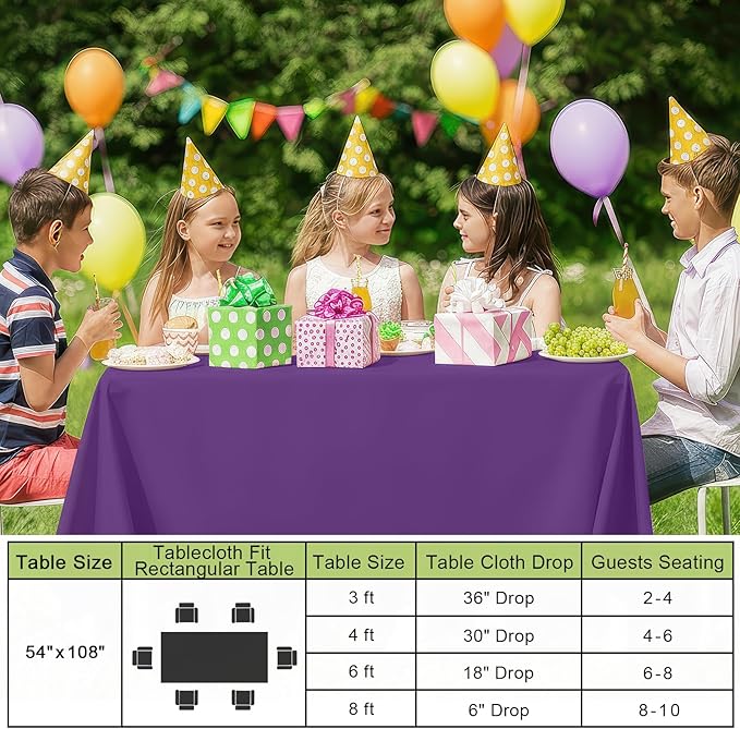 Smiry Disposable Table Cloth - 10 Pack, 54 x 108 Inch Waterproof Rectangle Tablecloths for Parties, Decorative Plastic Table Cover, Leakproof & Sturdy, Purple