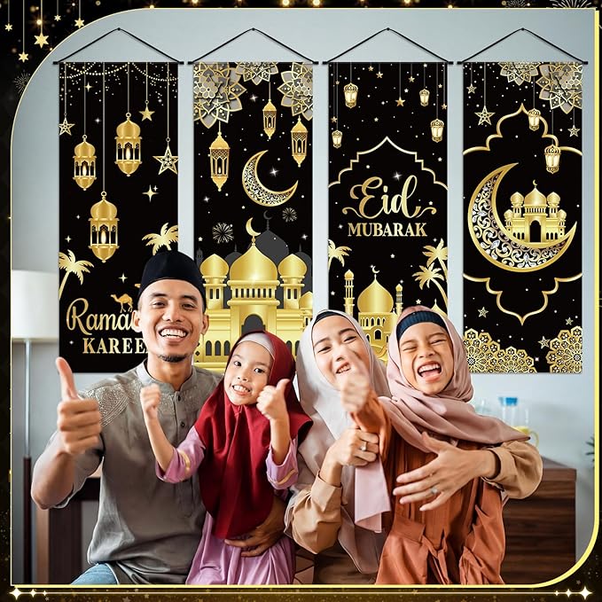 Panelee 4 Pcs Ramadan Mubarak Porch Sign Banners Black Gold Eid Mubarak Decorations Muslim Ramadan Kareem Door Banner Backdrop for Home Doorway Indoor Outdoor Wall Hanging Decor