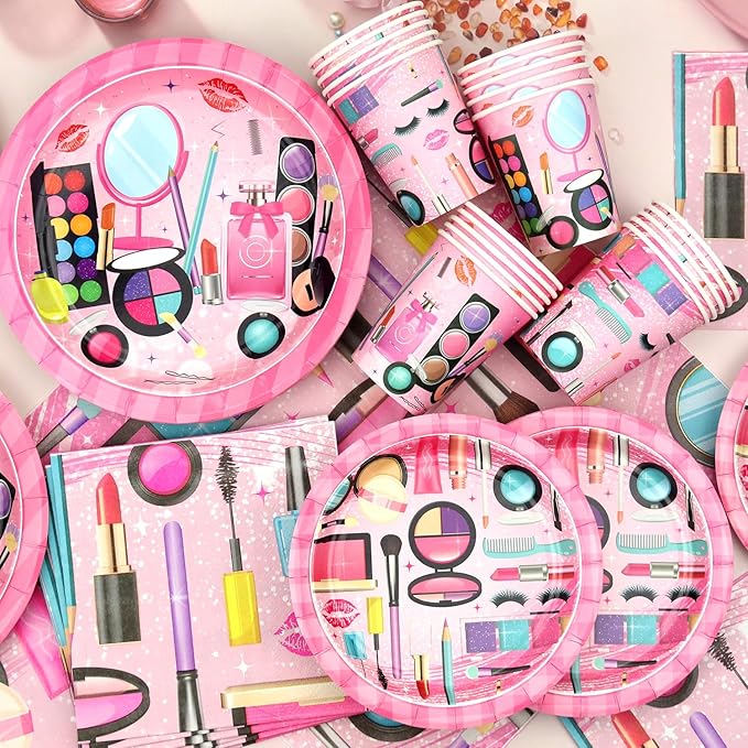 Spa Party Supplies - Makeup Theme Party Tableware - Dinner Plates Desserts Plates Cups Napkins Spa Makeup Tablecover Straws for Girls Women Slumber Pamper Spa Birthday Party Decoration, Serves 20 (20)