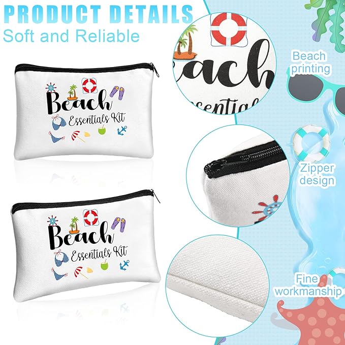 Chunful 12 Pcs Makeup Bag Summer Themes Cosmetic Bag Bulk Portable Essentials Kit Survival Kit Flamingo Palm Leaves Cosmetic Pouch with Zipper for Women Travel Accessories(Beach)