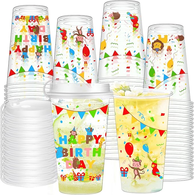 50pcs Happy Birthday Disposable Plastic Cups 16 Oz Drinking Cup with Lid, Birthday Party Decorations & Gifts for Boys and Girls, Clear Coffee Cups for Kids, Birthday Theme Party Drinkware Supplies