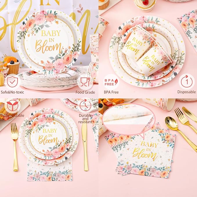 350 Pcs Baby in Bloom Baby Shower Decorations for Girl, Its a Girl Baby Shower Plates and Cups and Napkins Sets, Pink Floral Baby in Bloom Plates and Napkins Sets, Serves 50