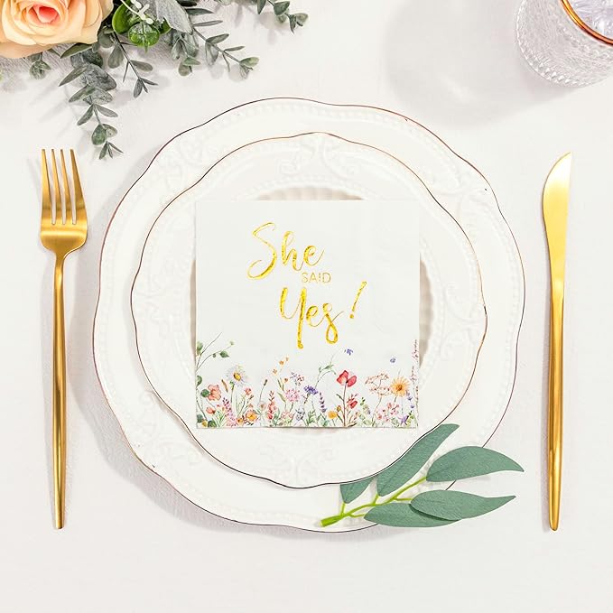 Crisky 3-Ply Engagement Napkins Floral Gold Foil She Said Yes Paper Disposable Napkins for Bachelorette/Engagement/Bridal Shower Party Decoration, 50 Counts