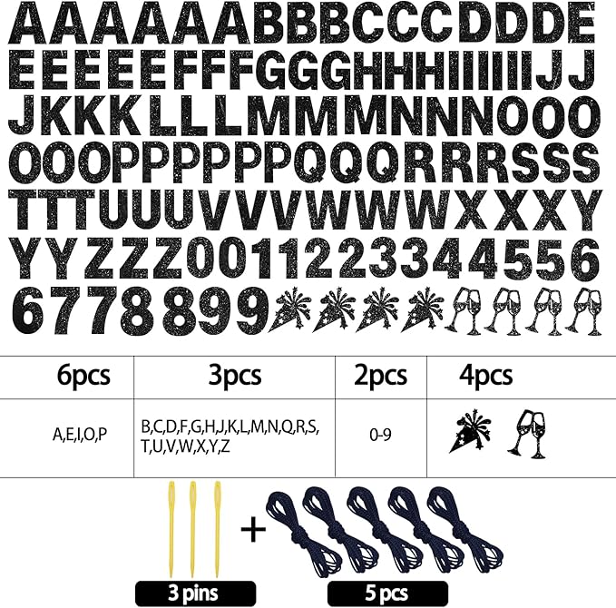 129Pcs DIY Letter Banners Glitter Customizable Banner Kit Custom Banner DIY Happy Birthday Letters 0-9 Numbers Light Rope Personalized Banners Decor Birthday Party Decorations Supplies(Dazzling Black)