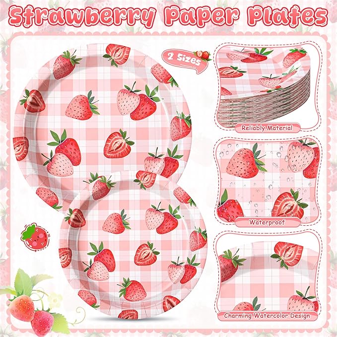 Honeydak 210 Pcs Strawberry Party Supplies for 30 Guests, Includes Plates, Cups, Napkins, Cutlery - Strawberry Birthday Tableware Decoration for 1st Birthday, Summer Fruit Party