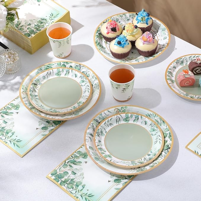 Pickmesh 250 Pcs Sage Party Disposable Tableware Set Paper Plates and Napkins Cups Supplies Tea Party Theme Dinner Dinnerware for Birthday Bridal Baby Shower Wedding Decoration Serves 50