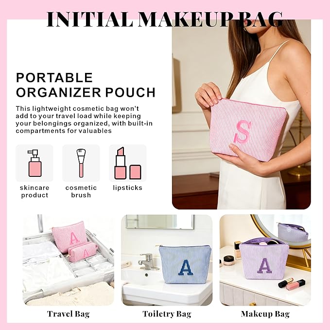 Travel Makeup Bag for Girls - Personalized Initial Pink Makeup Bag, Teen Girl Gifts Trendy Stuff, 6 7 8 9 10 11 12 Year Girl Birthday Gift, Christmas Gift for Girls Travel Essentials, Letter K