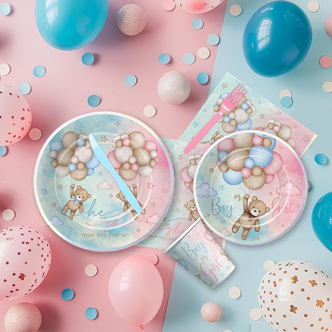 Bear Gender Reveal Decorations Party Tableware - Bear Boy Or Girl Gender Reveal Supplies, Paper Plate, Cup, Napkin, Tablecloth, Cutlery, He Or She Table Decorations | Serves 24