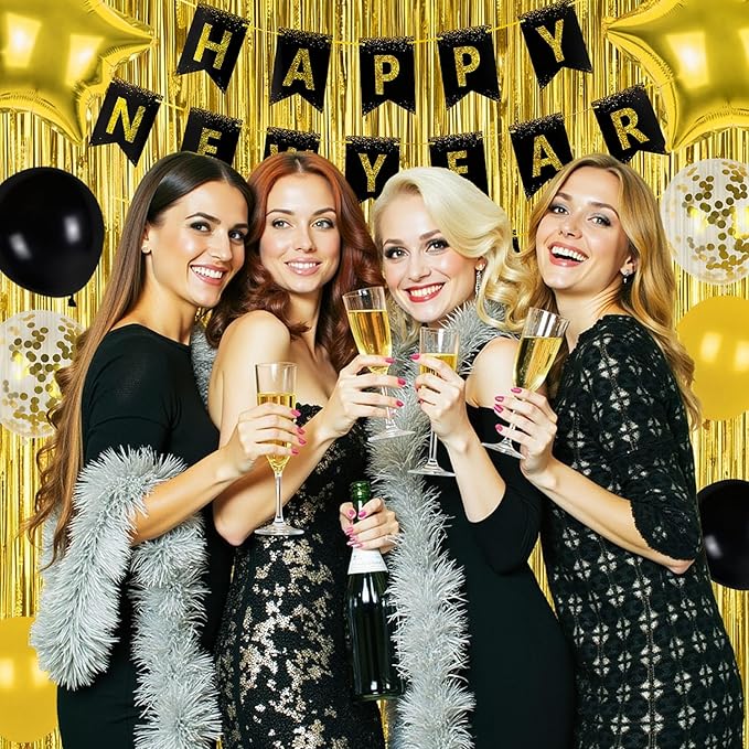 New Years Eve Party Supplies 2026, 2026 Happy New Year Banner Gold Fringe Curtains Black Gold Balloons for Happy New Year Decorations 2026 NYE Party Supplies