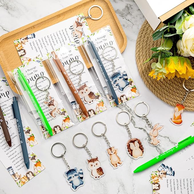 Highergo 100 Pcs Baby Shower Party Favors Bulk 50 Animal Keychains 50 Ballpoint Pens with Thank You Cards Gender Reveal Gift for Guest Baby Shower Souvenir Prize(Woodland)