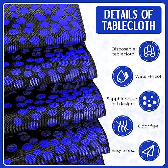 Breling 16 Pack Black and Blue Disposable Plastic Tablecloths and Satin Table Runner Set, 54 x 108 Inch Tablecloth, 12 x 108 Inch Table Runners for Wedding Graduation Birthday Baby Shower New Year