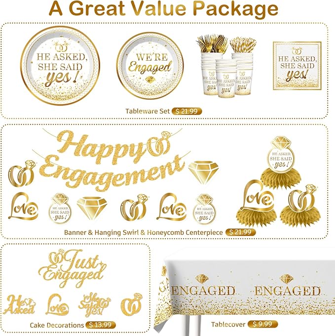 Engagement Party Decorations, Happy Engagement Banner Ring Foil Balloons He Asked She Said Yes Disposable Dinnerware with 2 Pcs Waterproof Engaged Tablecloth Wedding Proposal Decorations Party Decor