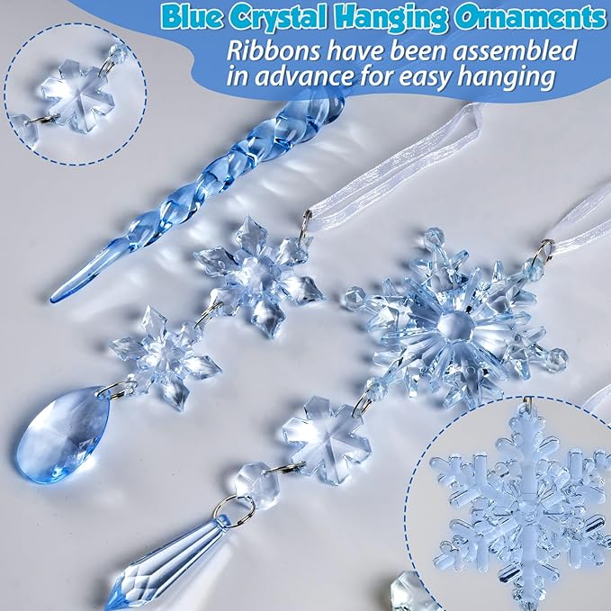 18pcs Crystal Christmas Ornaments for Christmas Tree Decorations- Light Blue Hanging Acrylic Snowflake and Icicle Ornaments with Drop Pendants for New Year Party Decorations Supplies