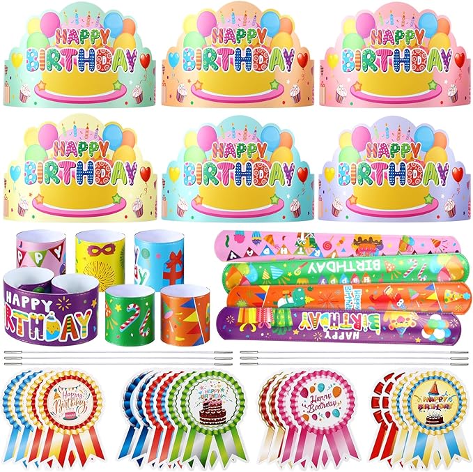 Yunsailing 108 Pcs Happy Birthday Party Supplies for Kids Include 36 Birthday Paper Crowns 36 Badge Stickers and Slap Bracelets for Classroom School Party Supply(Fresh Color)