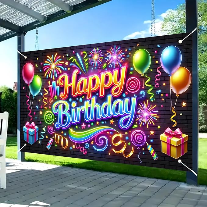 Nuxovilar Neon Brick Wall Happy Birthday Banner - 71x43 Inch,Party Decor Banner Vibrant Balloons & Fireworks Backdrop for Indoor/Outdoor Parties