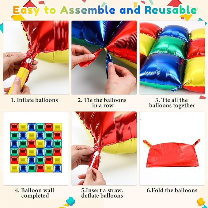 36 Pcs Brothers Birthday Decorations Balloons Brick Square Foil Balloons Wall Backdrop Arch Kit Double Sided Metallic for Cartoon Video Game Party Supplies(Red Green Blue Yellow)