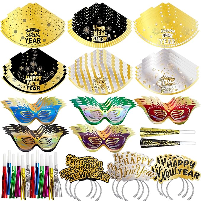 Fancy Land New Years Eve Party Supplies for 25 Guests 2026 75 Pcs NYE Party Supplies Gold Silver NYE Hats Glitter Tiaras Decorations Noise Makers Paper Masks Favors Kits