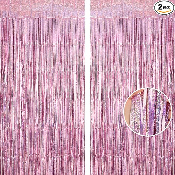 Pink Tinsel Foil Fringe Curtain Backdrop, 3.3 x 8.2 ft Metallic Glitter Curtain Streamers, 2 Pack Pink Photoboth for Birthday Bridal Shower Valentines Day Party Decorations