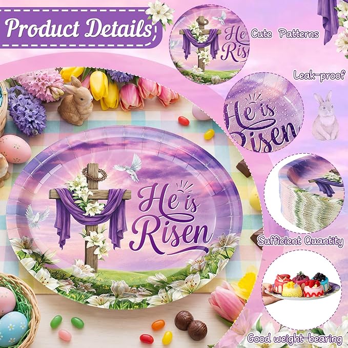 Vesici 150 Pcs Easter Cross Paper Plates and Napkins Set-serves 50, 10'' x 12'' Large Bunny Flower Tableware Disposable Purple Cross Paper Plates Cups Napkins for Spring Easter Birthday Party Supplies