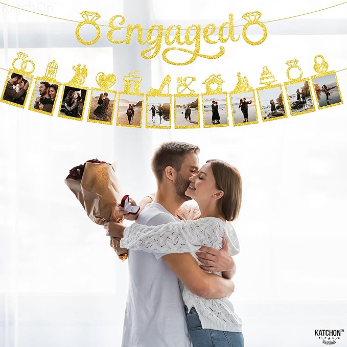 KatchOn, Gold Glitter Engaged Photo Banner - 2 String, 10 Feet, No DIY | Gold Engagement Party Decorations | Engagement Photo Banner for Bachelorette Party Decorations | She Said Yes Decorations
